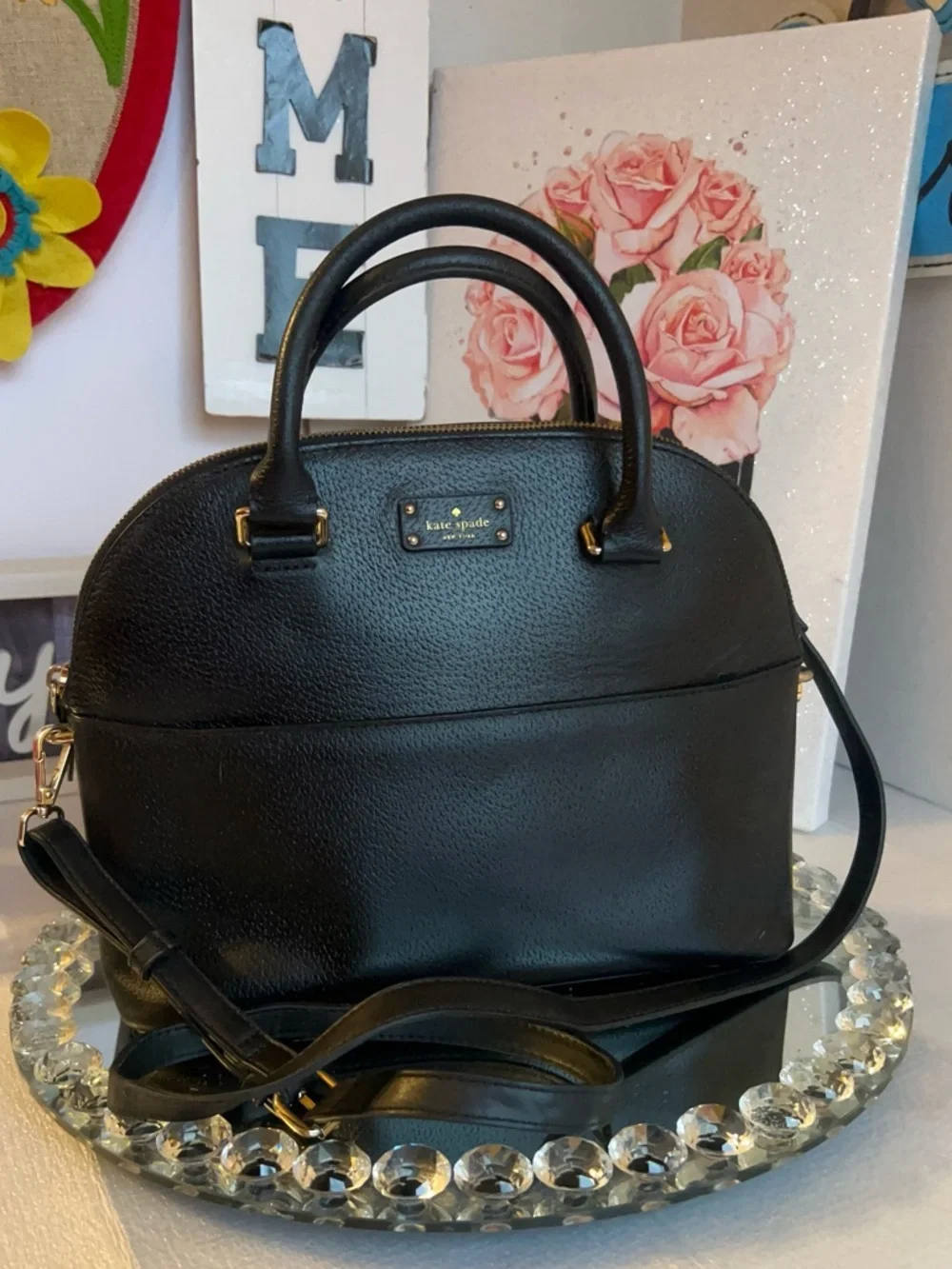kate spade black leather dome satchel with gold hardware